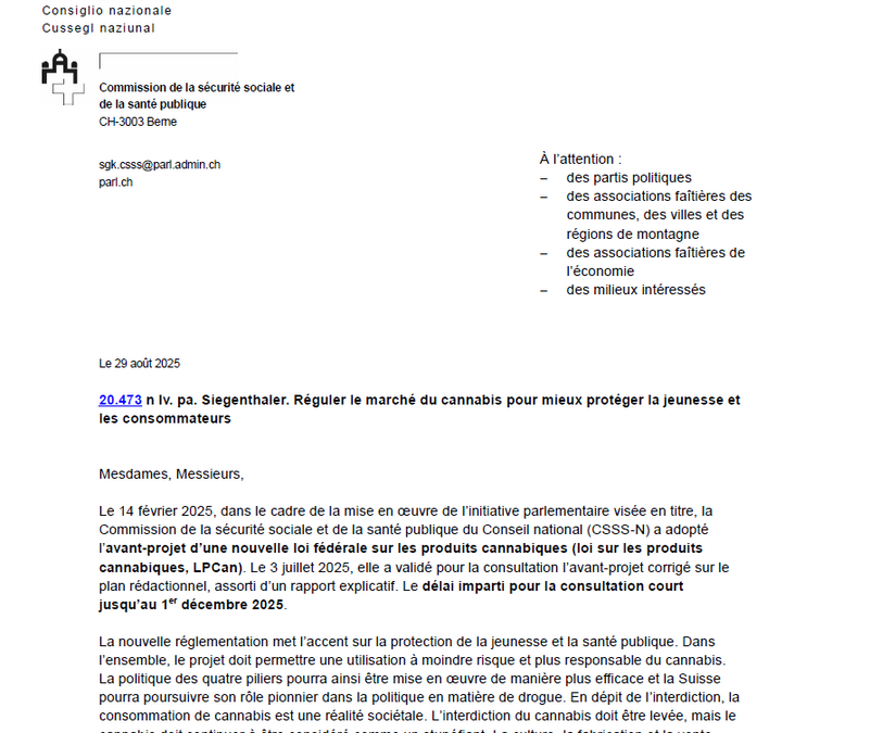 Notre avis suite à la consultation de la loi sur les produits cannabiques (LPCan)